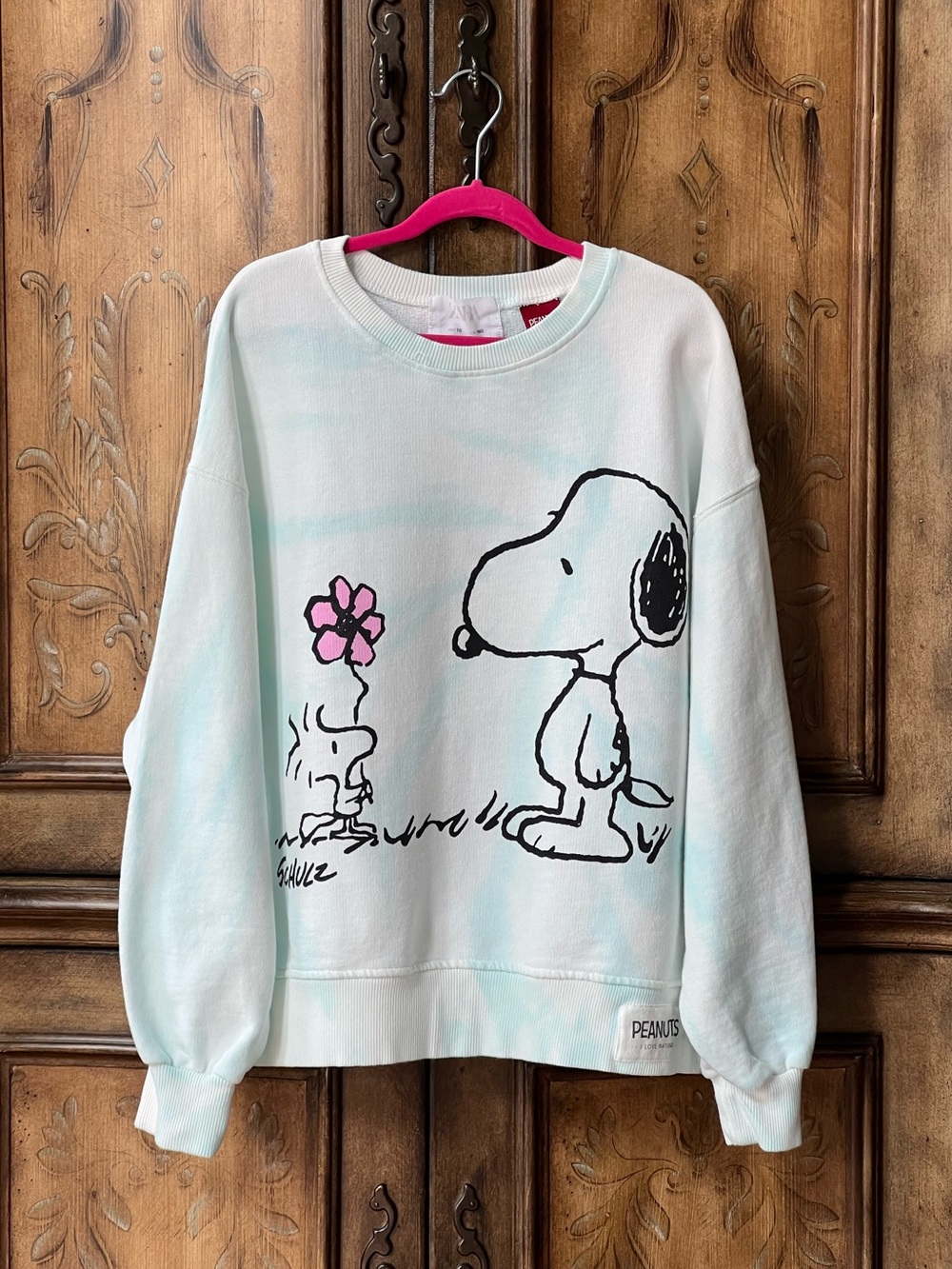 NWOT Zara Girls Light Mint Blue Tie-Dye Sweatshirt Top Snoopy & Woodstock 10 - Picture 14 of 17